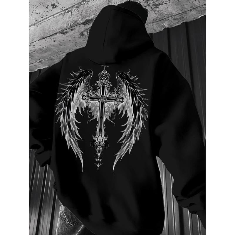 Men Gothic Winged Cross Hooded Sweatshirt In Dark Green For Casual Fall And Spring Wear T-Shirts, Hoodie | PodTeesHub.com