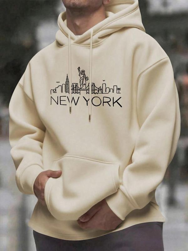 Men Hoodie Cream New York City Skyline Statue of Liberty Print, Casual Streetwear Sweatshirt for Daily Wear and Travel...