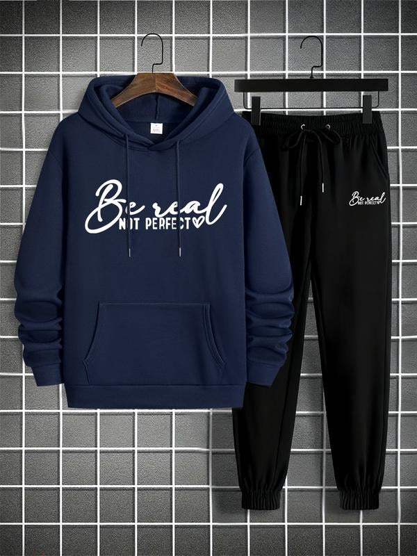 Men Hoodie Sweatshirt Set, Be Real Not Perfect Text Print, Heart Symbol, Casual Streetwear, Fitted, Long Sleeve, Fall &...
