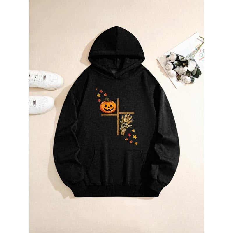 Men'S Black Thanksgiving Pumpkin Cross Harvest Print Hooded Sweatshirt - Autumn Winter Pullover for Fall Outfits, Casual...