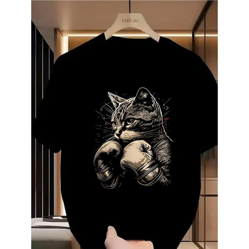 Men'S Casual Cotton T-shirt with Boxing Cat Graphic Short Sleeve Round Neck Lightweight and Breathable Perfect for Summer...