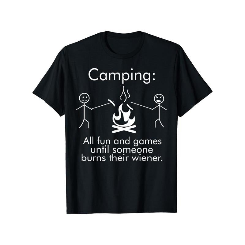 Men'S Fun Camping T-Shirt with "Until Someone Burns Their Sausage" Tagline And Stick Figure Pattern