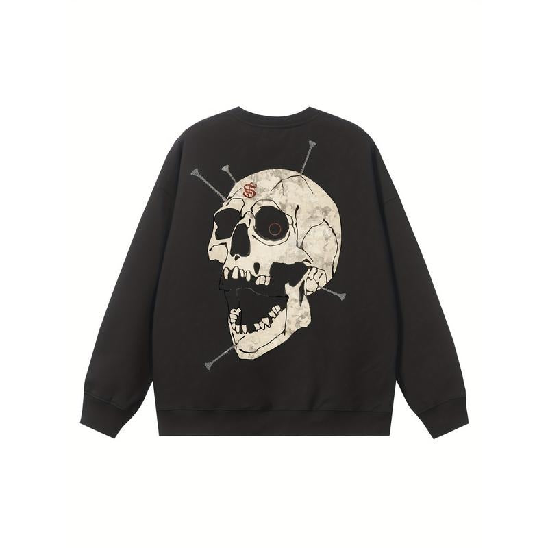 Men'S Skull Print Streetwear Sweatshirt, Casual Loose Fit Pullover with Long Sleeves, Round Neck, for Outdoor Leisure -...