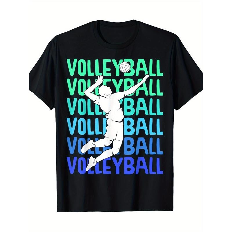 Men'S Volleyball Print T-Shirt - 100% Cotton Crew Neck Knit Fabric, Non-Stretch Regular Fit, All-Season Adult Tee made in...