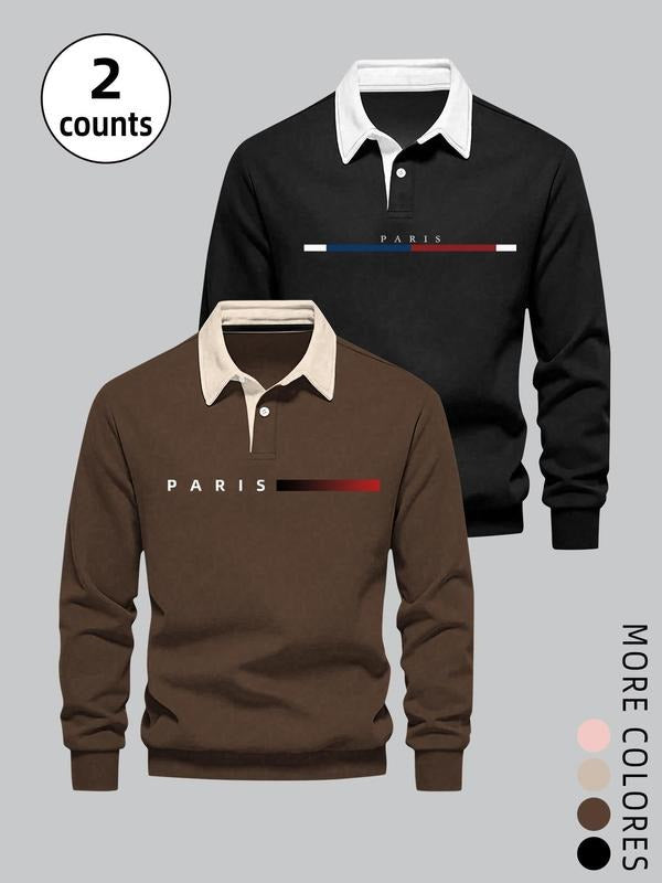 Men's   Letter Print   Polo Shirt Set, Casual Regular Fit Long Sleeve Top for Fall & Winter, Men's Clothes for Daily Wear...