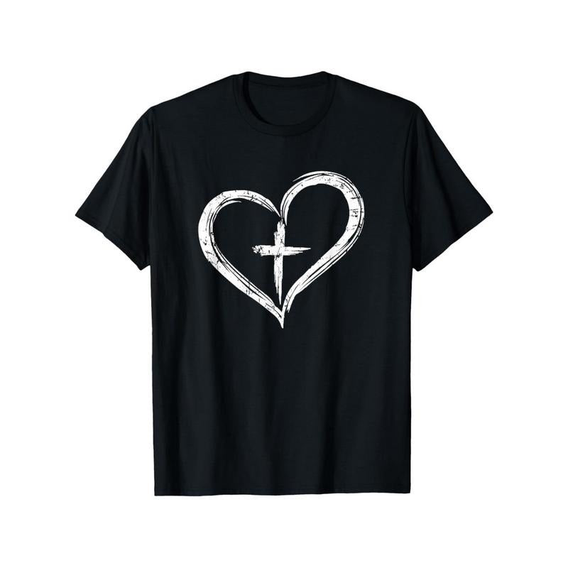 Men's & Women's Christian Faith T-Shirt -  Cotton Crew Neck Short Sleeve with White Cross & Heart Symbol - Religious Gift...