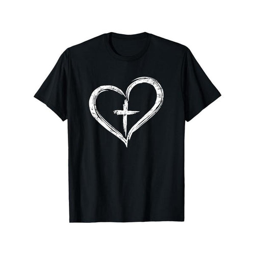 Men's & Women's Christian Faith T-Shirt -  Cotton Crew Neck Short Sleeve with White Cross & Heart Symbol - Religious Gift...