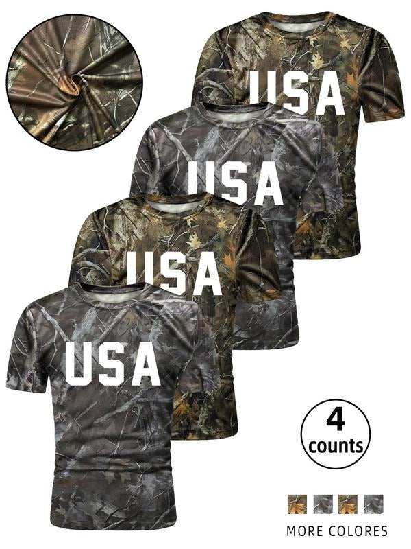 Men's  Camo Tree Branches & Letter Print Round Neck Tee, Regular Fit Casual Short Sleeve Crew Neck T-shirt for Summer,...