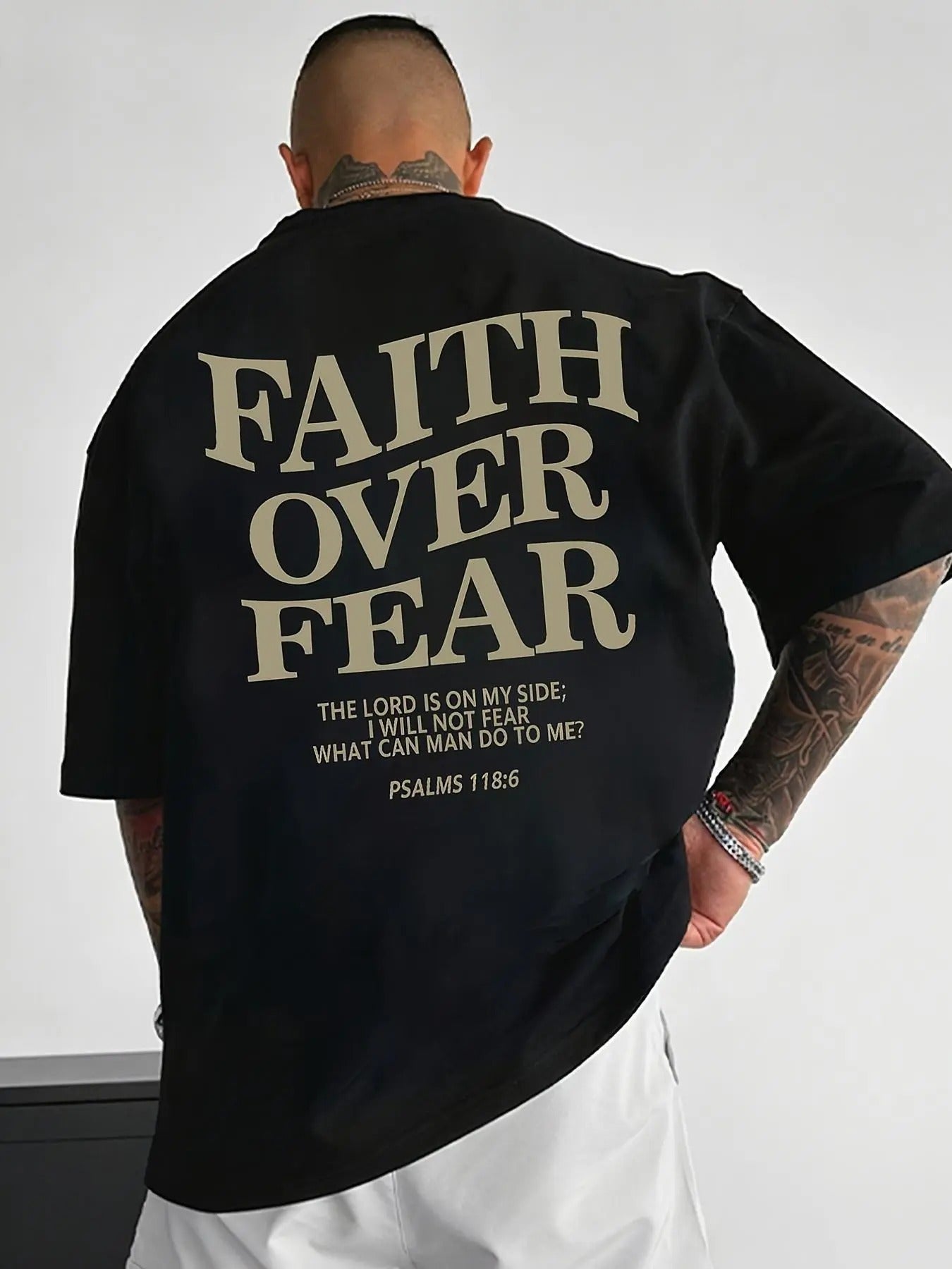 Men's "FAITH OVER FEAR" Slogan Print Drop Shoulder Tee, Summer Clothes, Regular Fit Casual Short Sleeve Round Neck...