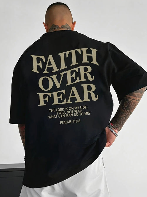 Men's "FAITH OVER FEAR" Slogan Print Drop Shoulder Tee, Summer Clothes, Regular Fit Casual Short Sleeve Round Neck...