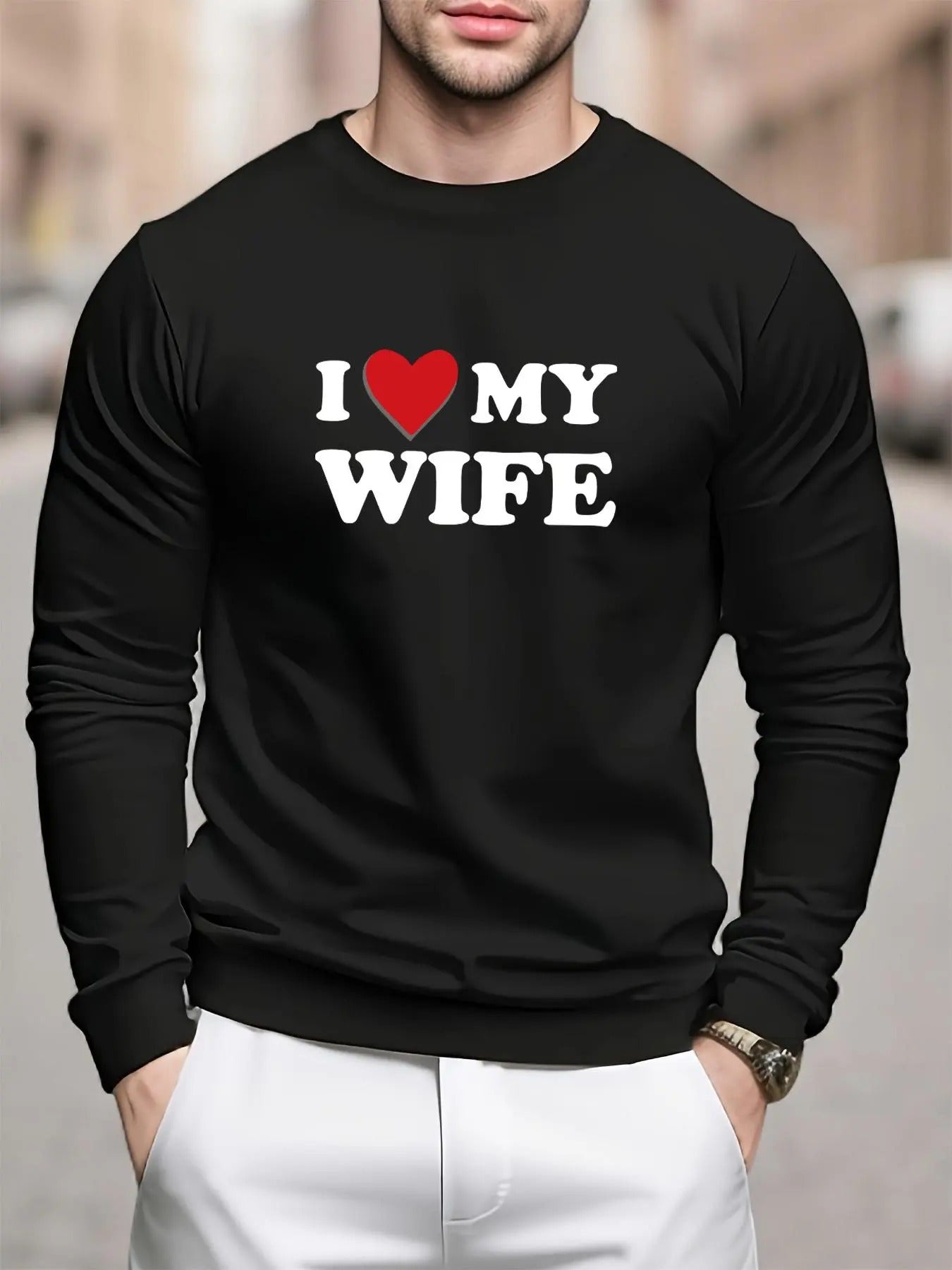 Men's "I Love My Wife" Print Round Neck Sweatshirt, Regular Fit Casual Long Sleeve Crew Neck Pullover for Spring & Fall,...