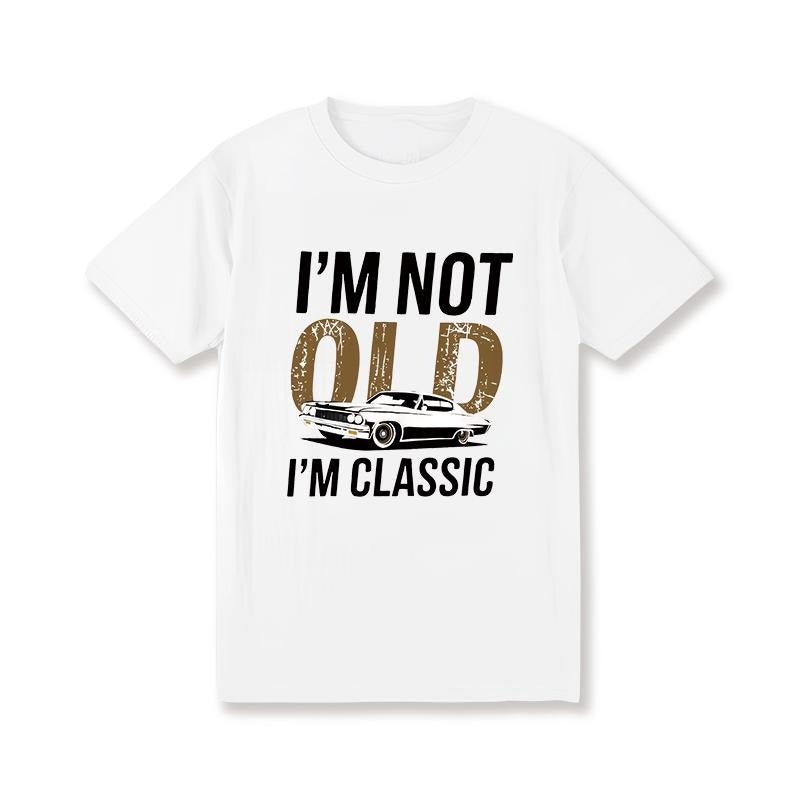 Men's "I'm Not Old, I Am Classic" Pattern T-shirt- Soft Cotton, Casual Crew Neck, Short Sleeve, Vintage Car Print-Durable...