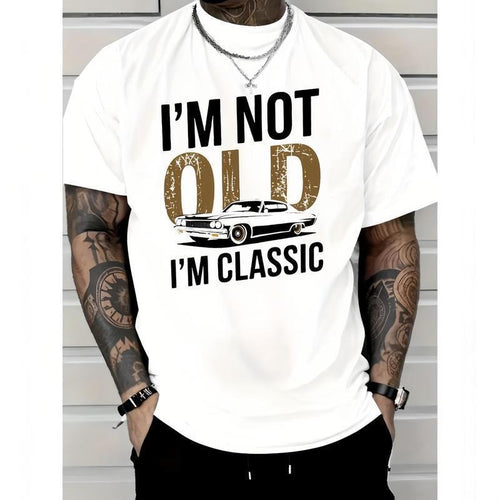 Men's "I'm Not Old, I Am Classic" Pattern T-shirt-Soft Cotton, Casual Crew Neck, Short Sleeve, Vintage Car Print-Suitable...