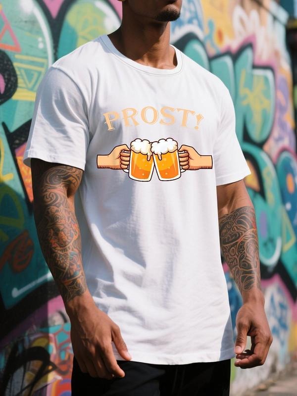 Men's "PROST" Beer Letter Print Short Sleeve Graphic Tee, Regular Fit Casual Fashion T-shirt for Summer, Men's Top for...
