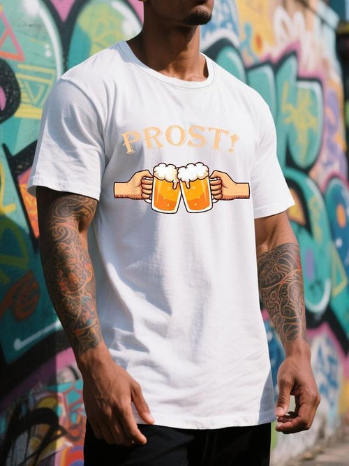 Men's "PROST" Beer Letter Print Short Sleeve Graphic Tee, Regular Fit Casual Fashion T-shirt for Summer, Men's Top for...