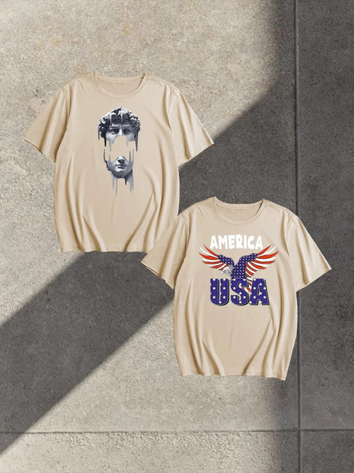 Men's "USA" Letter Print Short Sleeve Tee, Regular Fit Casual Fashion Round Neck T-shirt for Summer, Men's Top for Daily...