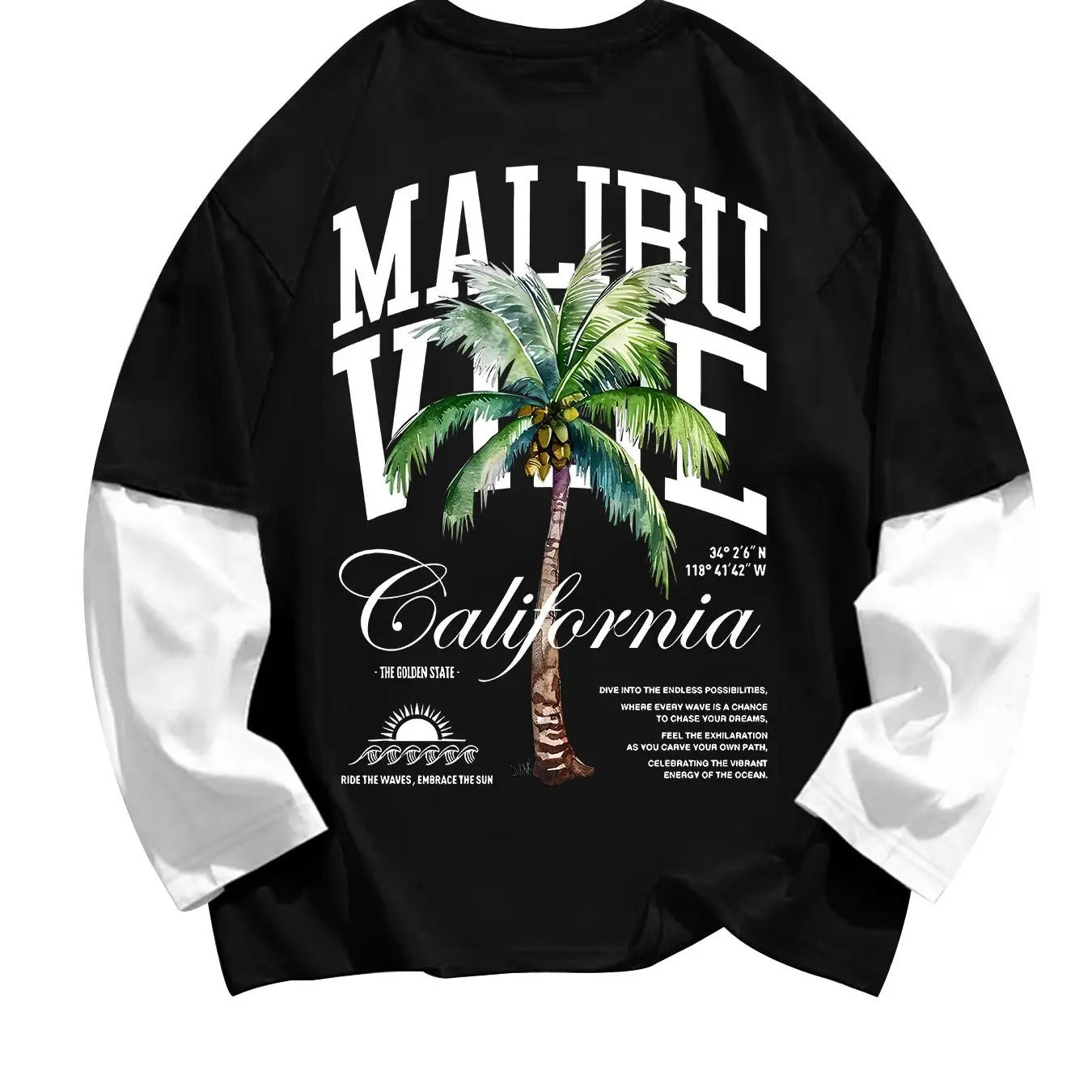 Men's 2 in 1 Letter & Palm Tree Print Drop Shoulder Sweatshirt, Regular Fit Casual Soft Comfy Long Sleeve Round Neck...
