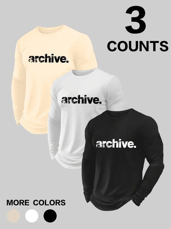 Men's 3-Piece Letter Print Long Sleeve T-Shirt Set, Round Neck Design, Casual Fit, Suitable for Daily Wear and Outdoor...