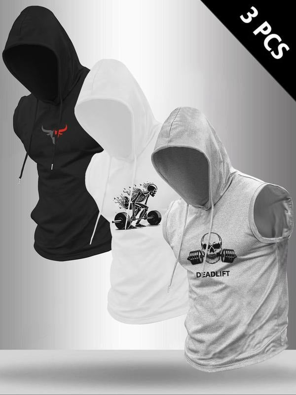 Men's 3-Piece Set Letter Print Hooded Sleeveless T-Shirt, Casual Comfortable Summer Outdoor Fitness Wear, Fitted...