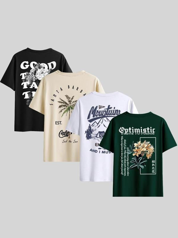 Men's 4 Counts Letter & Graphic Print Round Neck Tee, Regular Fit Short Sleeve T-shirt for Summer, Graphic Tees, T Shirts...
