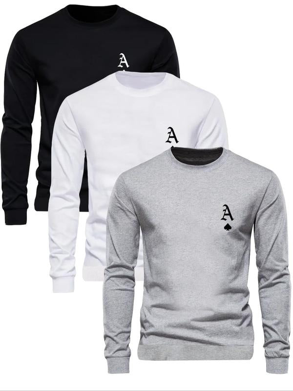 Men's Ace Of Spades Print Round Neck Sweatshirt, Regular Fit Casual Long Sleeve Crew Neck Pullover for Fall & Winter,...