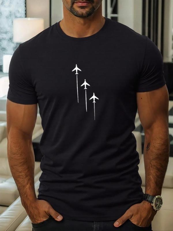 Men's Airplane Print Round Neck Tee, Regular Fit Casual Short Sleeve Crew Neck T-Shirt for Daily Wear, Men's Top for All...