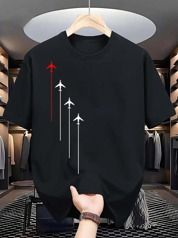 Men's Airplane Print Round Neck Tee, Regular Fit Casual Short Sleeve Crew Neck T-Shirt for Daily Wear, Men's Top for All...
