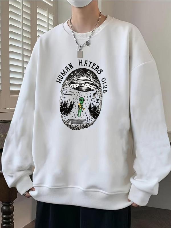 Men's Alien & Letter Print Drop Shoulder Graphic Sweatshirt, Regular Fit Casual Soft Comfy Long Sleeve Round Neck...