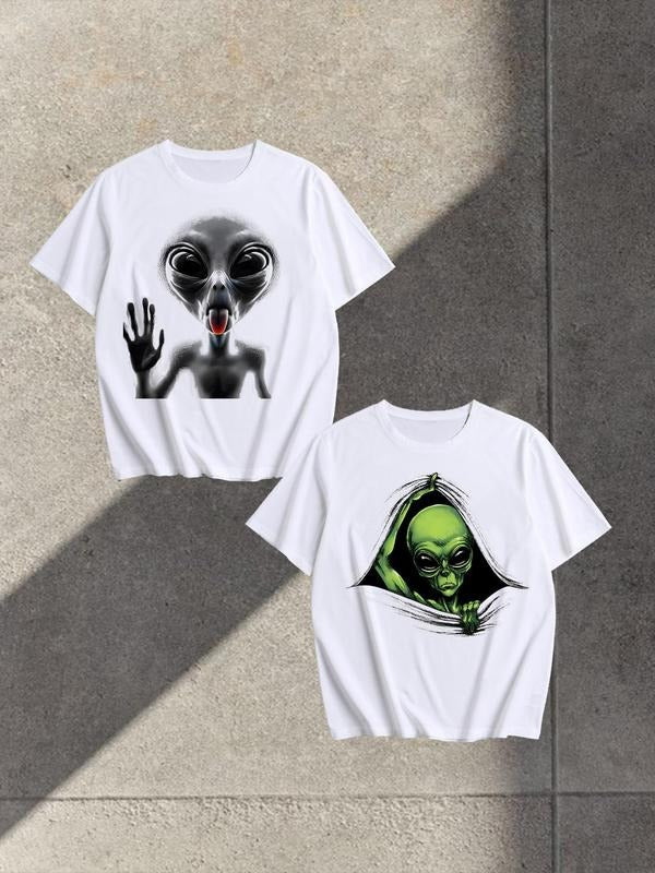 Men's Alien Print Round Neck Tee, Casual Short Sleeve T-shirt for Summer, Men's Top for Daily Wear Hoodie, Sweatshirt