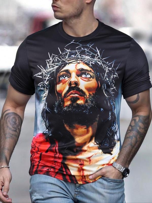 Men's All Over Print Jesus Face Tee, Regular Fit Casual Short Sleeve T-shirt for Summer, Men's Top for Daily Wear Hoodie,...
