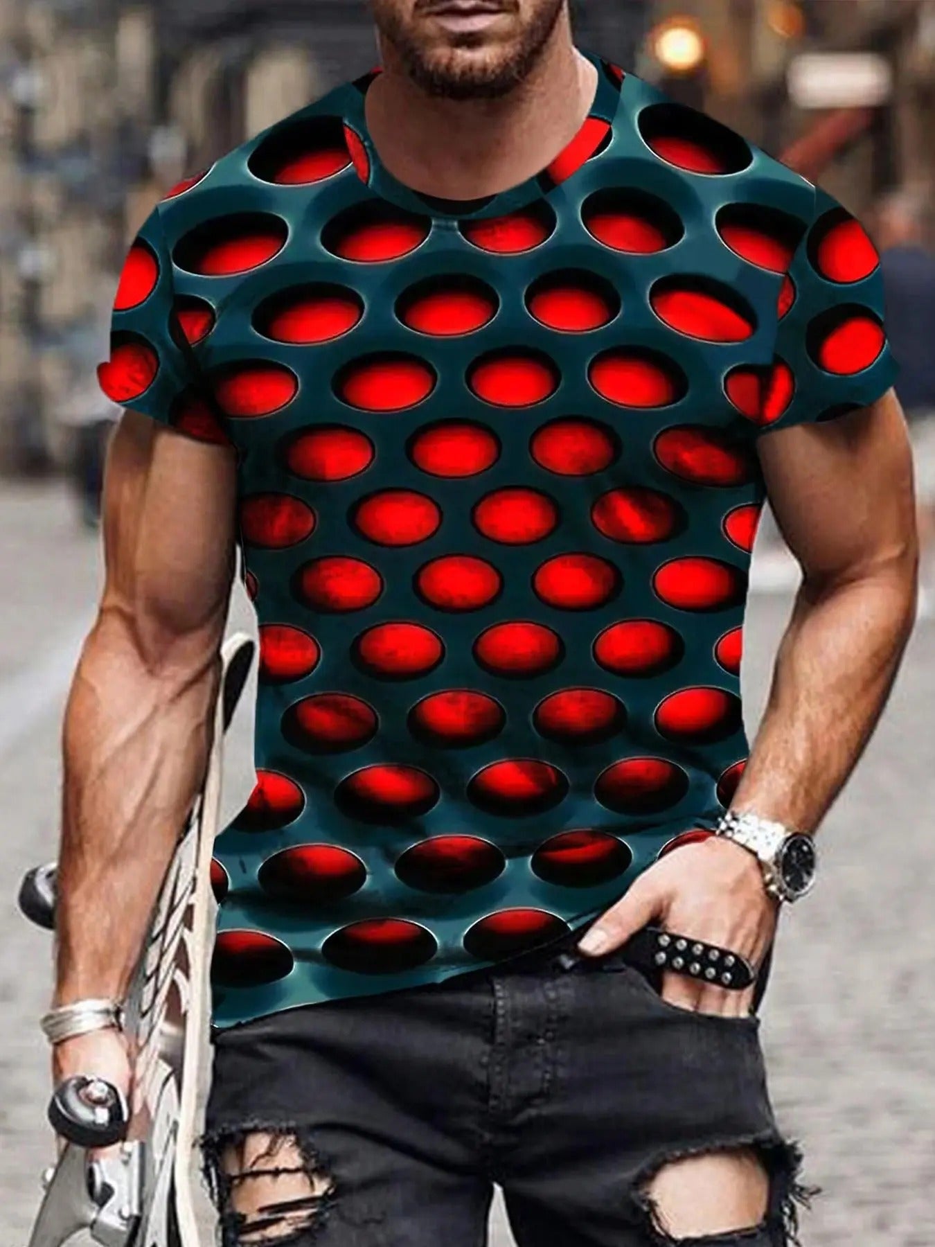 Men's All Over Print Round Neck Tee, Regular Fit Casual Short Sleeve Crew Neck T-shirt for Summer, Fashion Men's Top for...