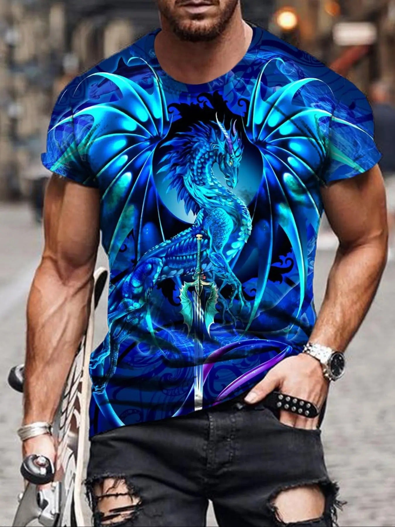 Men's All Over Print Round Neck Tee, Summer Clothes Regular Fit Short Sleeve Crew Neck T-Shirt, Casual Men's Streetwear...