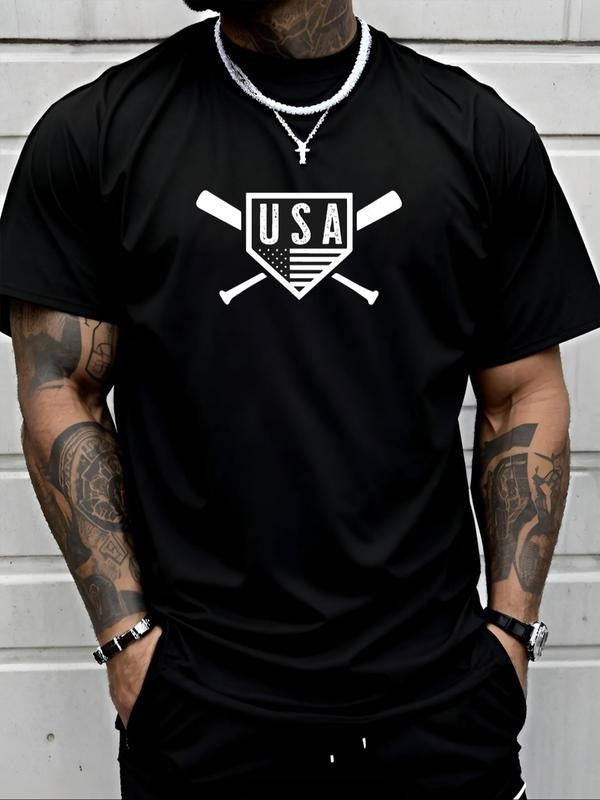 Men's American Flag & Baseball Print Round Neck Tee, Regular Fit Casual Short Sleeve Crew Neck T-Shirt for Daily Wear,...