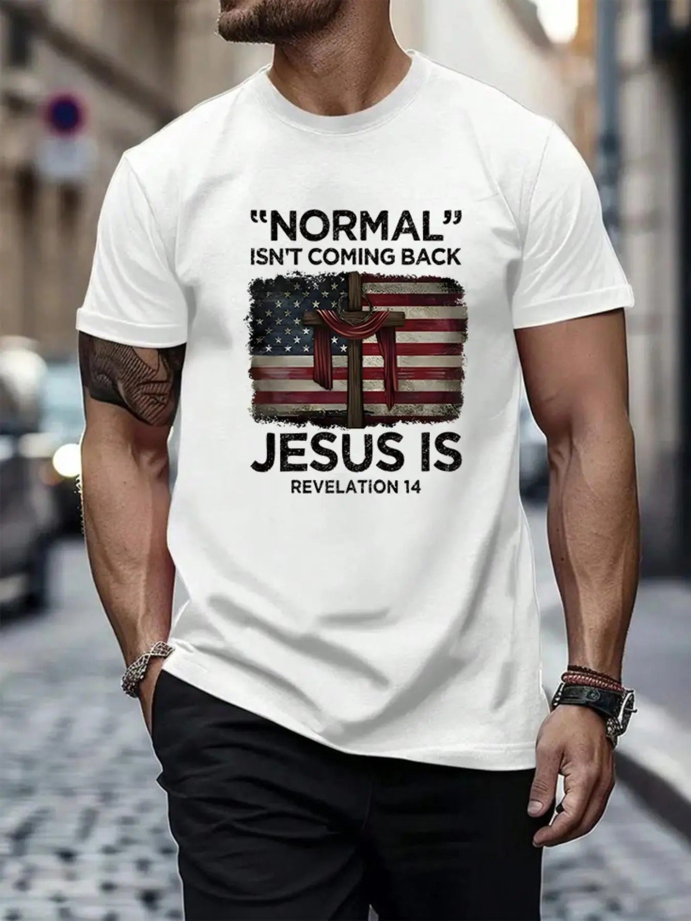 Men's American Flag & Cross Print Round Neck Tee, Regular Fit Casual Letter Graphic Short Sleeve T-shirt, Men's Summer...