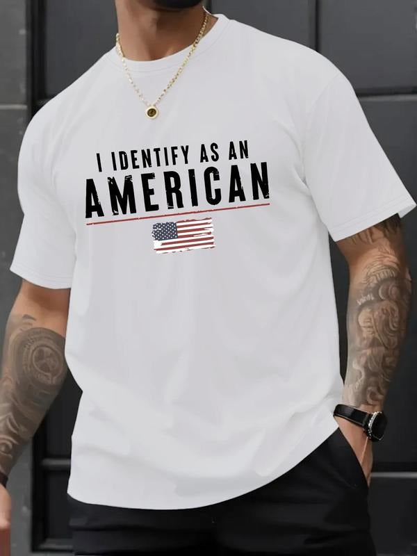 Men's American Flag & Letter Print Short Sleeve Graphic Tee, Regular Fit Casual Round Neck T-shirt for Summer, Men's Top...