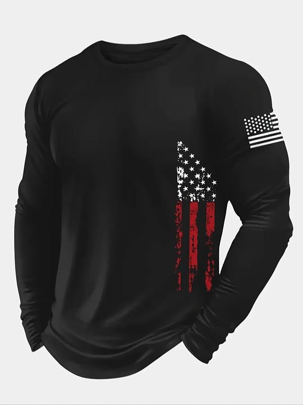 Men's American Flag Graphic Long-Sleeve Shirt, Distressed Patriotic Print Top, Stylish Casual Athletic Tee, Trendy Daily...
