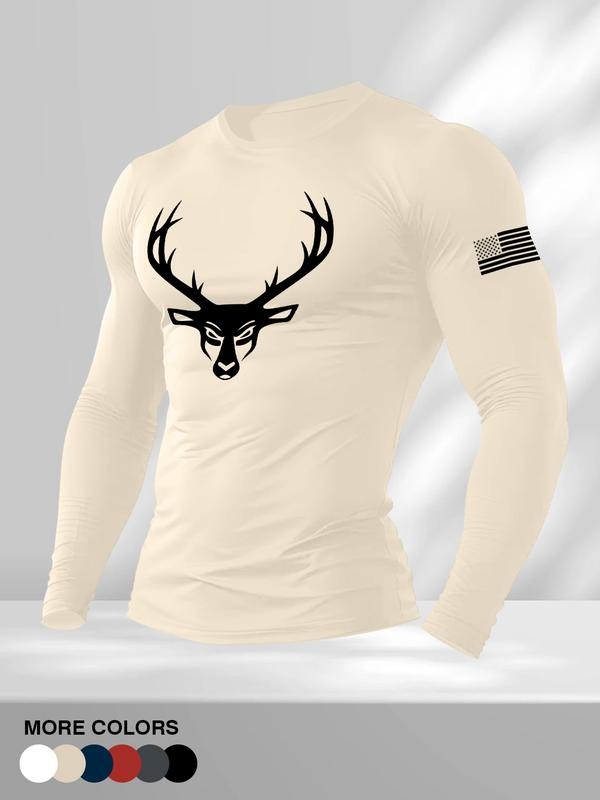Men's American Flag Print Round Neck Long Sleeve Tee, Regular Fit Casual Crew Neck T-shirt for Spring & Fall, Fashion...