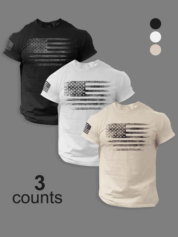 Men's American Flag Print Round Neck Tee, Regular Fit Casual Short Sleeve Crew Neck T-shirt for Summer, Men's Top for...