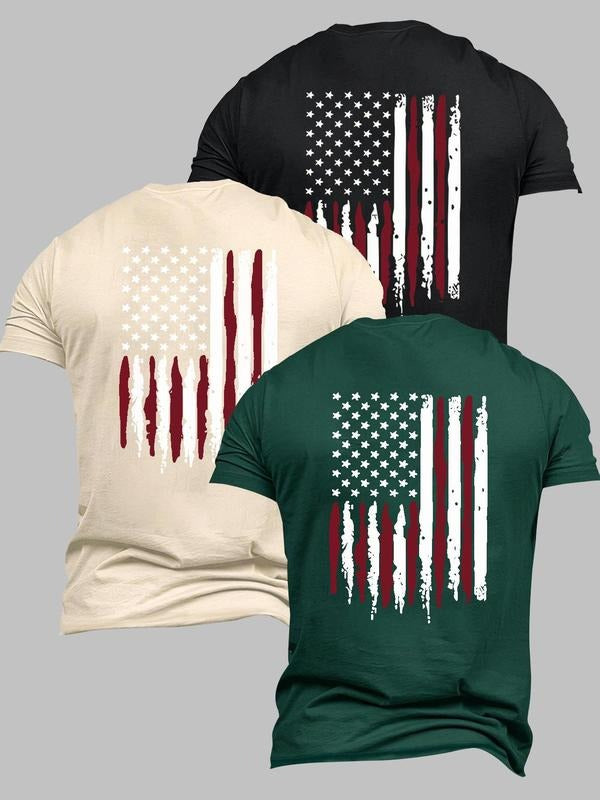 Men's American Flag Print Round Neck Tee, Regular Fit Casual Short Sleeve T-shirt for Summer, Men's Top for Daily Wear...