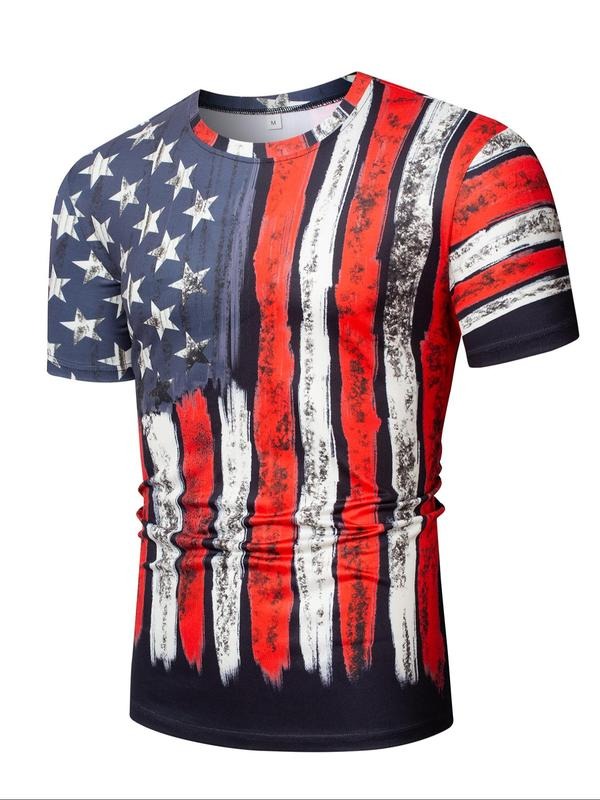 Men's American Flag Print Round Neck Tee, Regular Fit Street Fashion Casual Short Sleeve T-Shirt for Daily Wear, Men's...