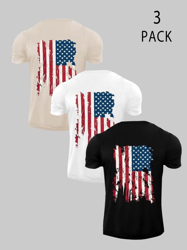 Men's American Flag Print Short Sleeve T-Shirt, Perfect for Independence Day Celebrations, Patriotic Style Suitable for...