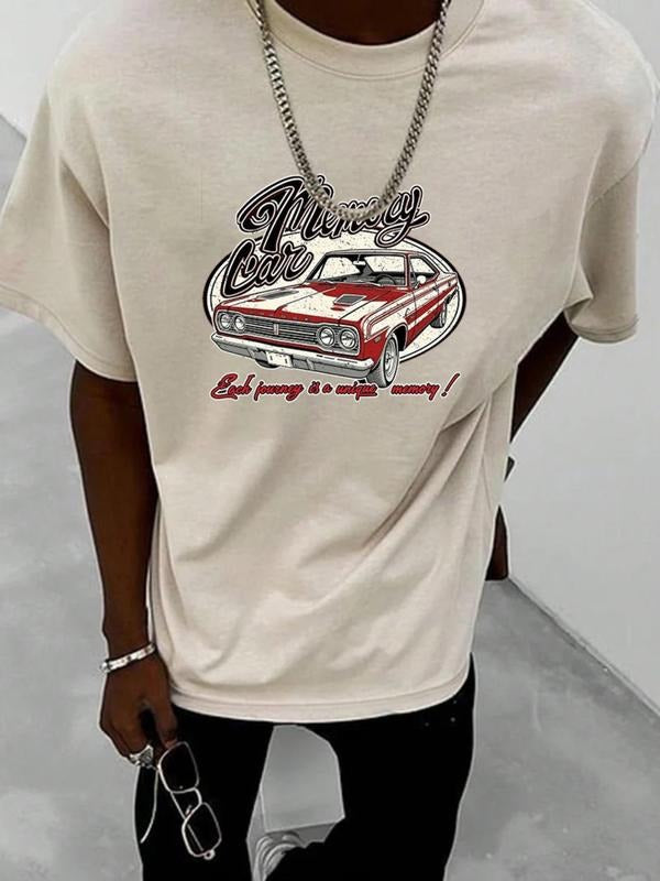 Men's American Retro Style Car Graphic Print Round Neck Tee, Loose Casual Comfy Drop Shoulder Short Sleeve Crew Neck...