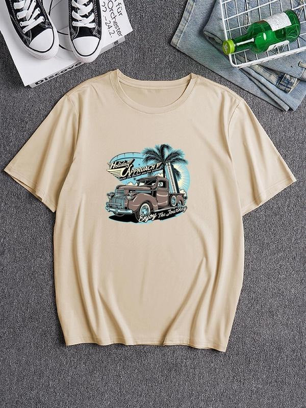 Men's American Retro Style Classic Car Graphic Print Drop Shoulder Round Neck Tee, Loose Casual Comfy Crew Neck Short...
