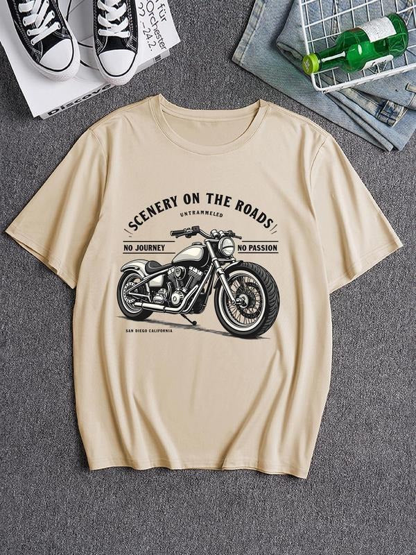 Men's American Retro Style Vintage Motorcycle Graphic Print Round Neck Tee, Loose Casual Comfy Short Sleeve Crew Neck...