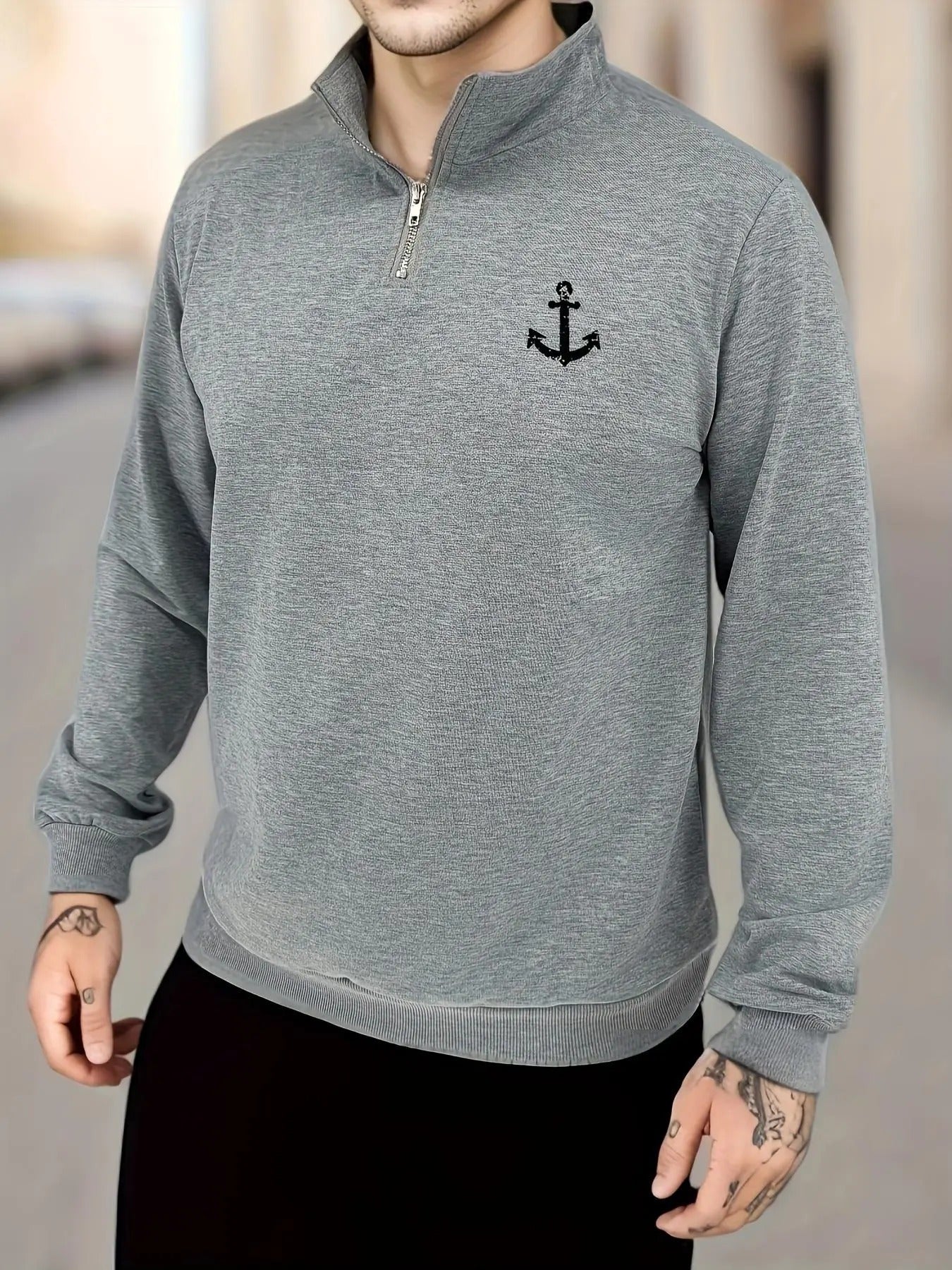 Men's Anchor Print Zip Up Half Placket Sweatshirt, Regular Fit Casual Long Sleeve Stand Collar Pullover for Daily Wear,...