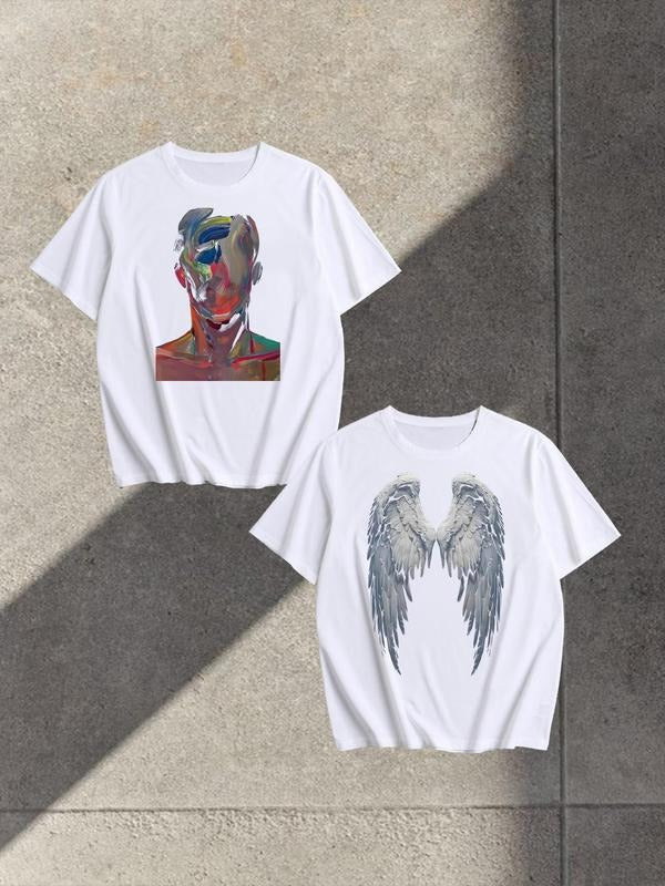 Men's Angel & Face Print Short Sleeve Tee, Regular Fit Casual Fashion T-shirt for Summer, Men's Top for Daily Wear,...