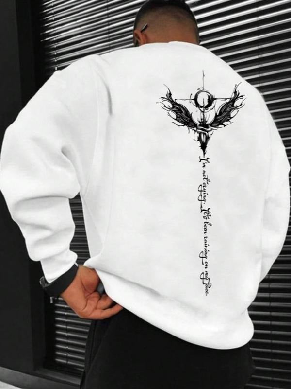 Men's Angel & Letter Print Drop Shoulder Sweatshirt, Regular Fit Street Long Sleeve Round Neck Pullover for Fall &...