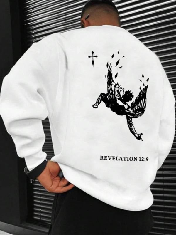 Men's Angel & Letter Print Round Neck Sweatshirt, Regular Fit Casual Fashion Drop Shoulder Long Sleeve Pullover, Men's...