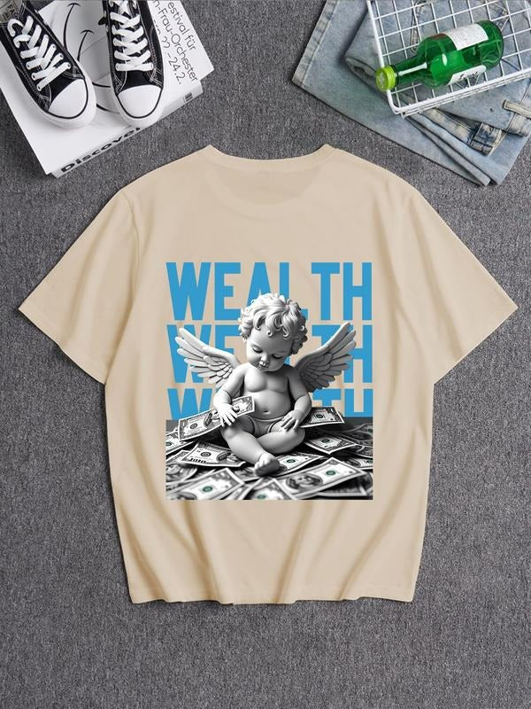 Men's Angel Print Round Neck Tee, Casual Fashion Short Sleeve T-shirt, Men's Summer Top for Daily Wear Hoodie, Sweatshirt