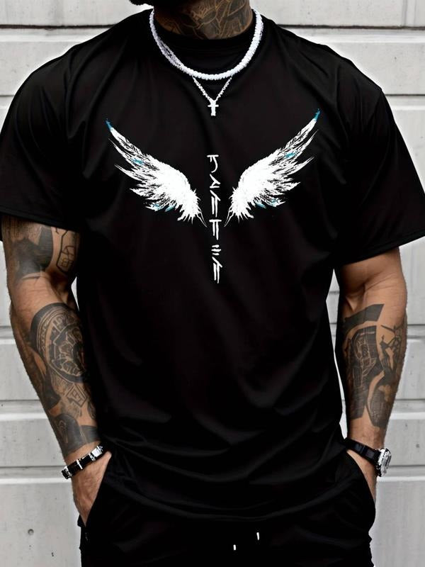 Men's Angel Wings Print Round Neck Tee, Regular Fit Casual Short Sleeve Crew Neck T-Shirt for Summer, Fashion Men's Top...